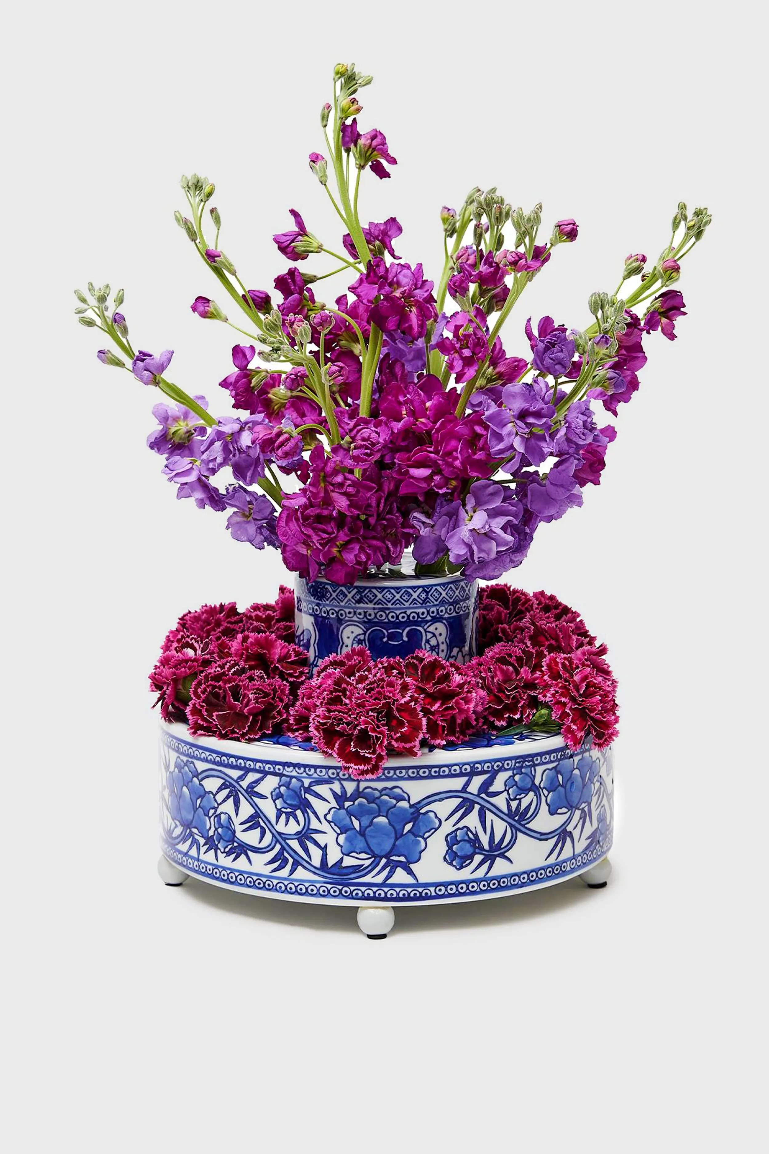 Blue and White 3 Piece Hand-Painted Floral Arranger