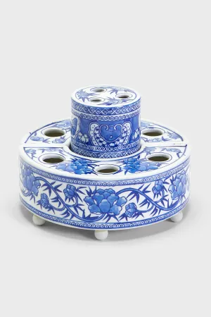 Blue and White 3 Piece Hand-Painted Floral Arranger