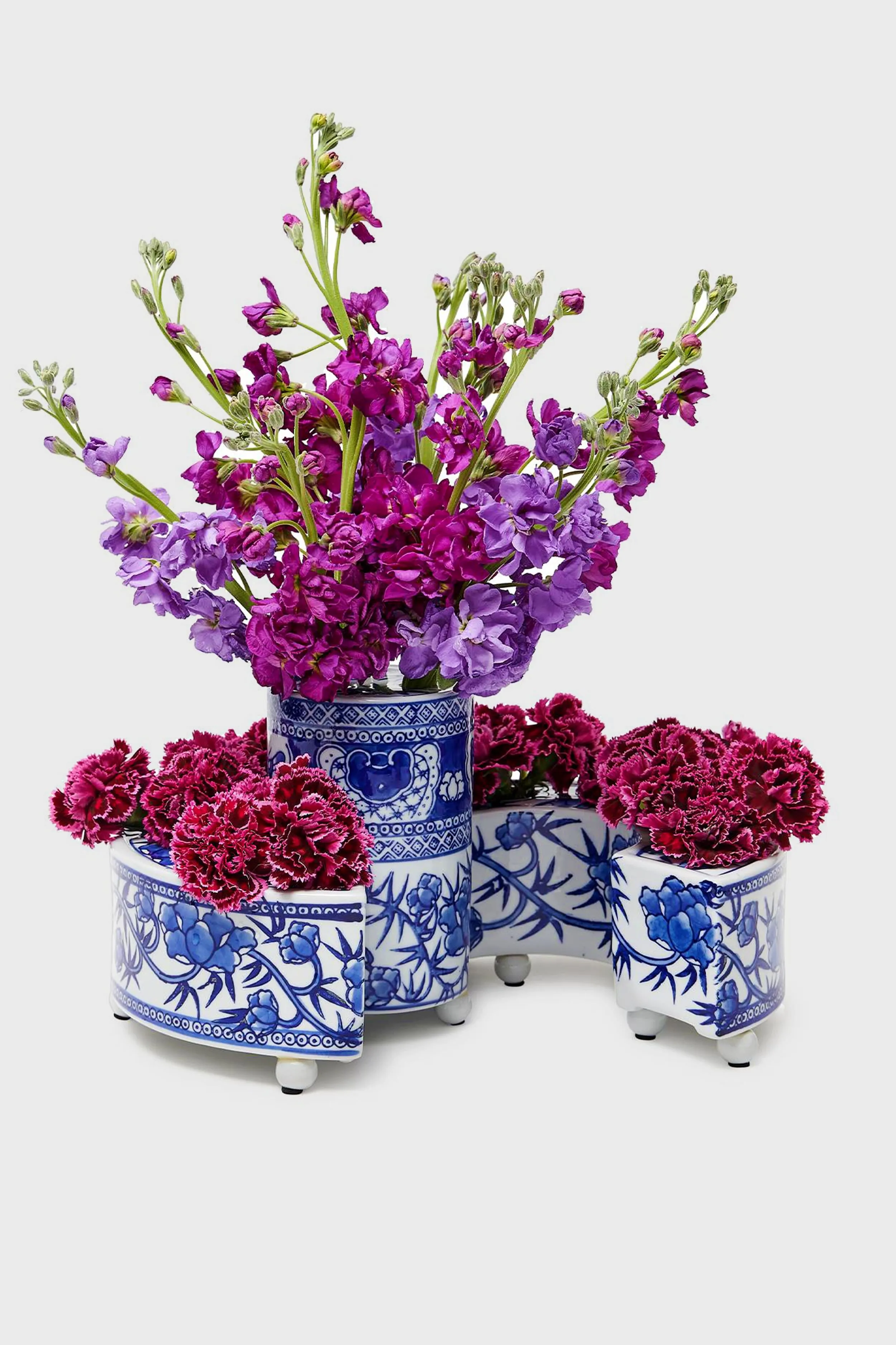 Blue and White 3 Piece Hand-Painted Floral Arranger