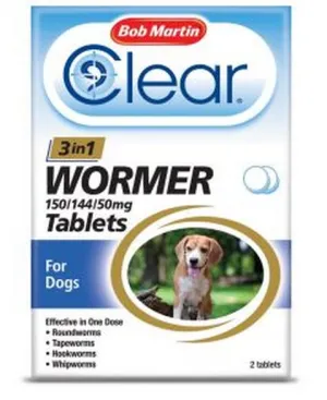 Clear 3 in 1 Wormer for Dogs 3kg - 20kg (2 Tabs)