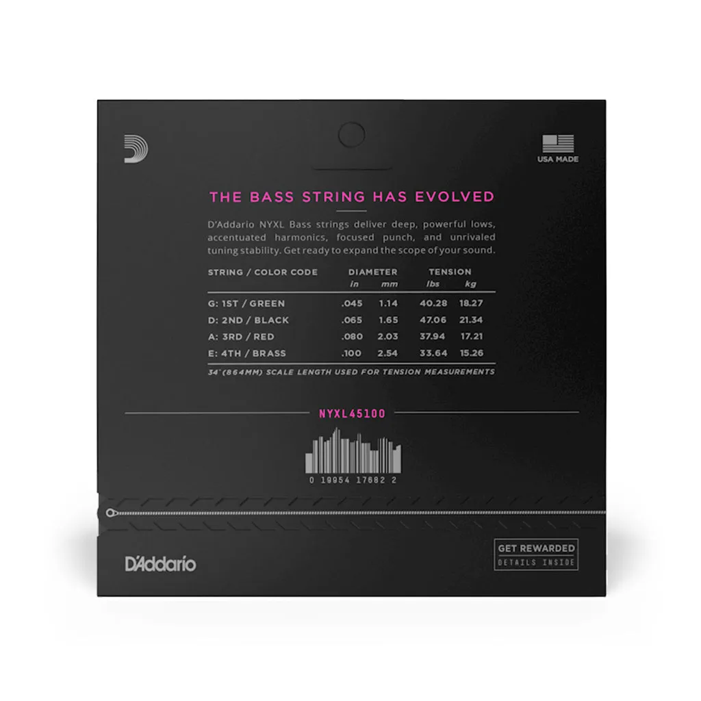 D'Addario NYXL45100 Nickel Wound Bass Guitar Strings, Regular Light, 45-100, Long Scale