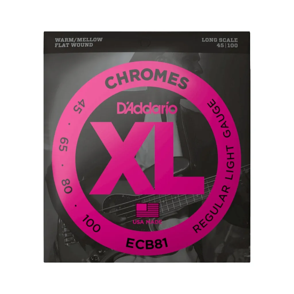 D'Addario XL Chromes Flatwound Bass Guitar Strings -.045-.100 Regular Light, Long Scale