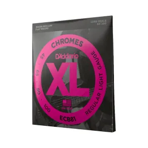 D'Addario XL Chromes Flatwound Bass Guitar Strings -.045-.100 Regular Light, Long Scale