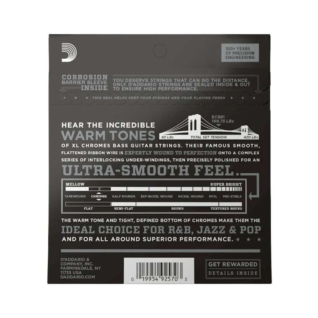 D'Addario XL Chromes Flatwound Bass Guitar Strings -.045-.100 Regular Light, Long Scale