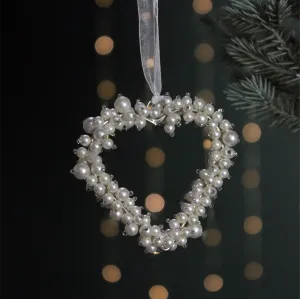 Faux Pearl Heart Hanging Decoration | White & Silver