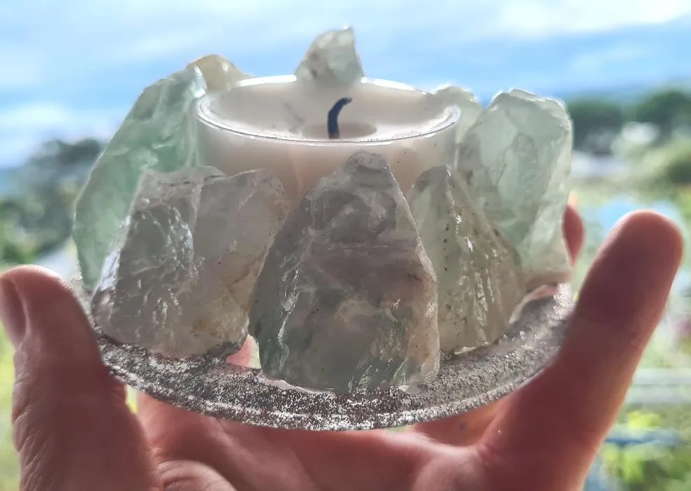 GREEN FLOURITE CRYSTAL SPA CANDLE HOLDER(made by me)
