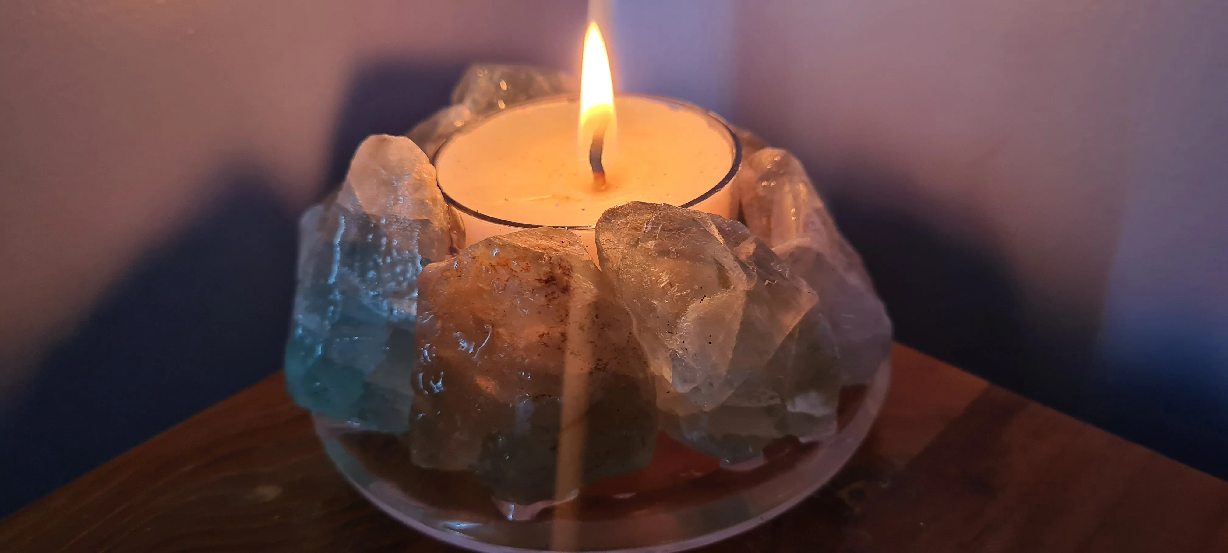 GREEN FLOURITE CRYSTAL SPA CANDLE HOLDER(made by me)