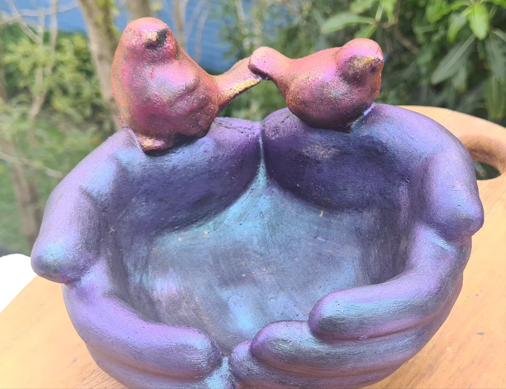 HAND PAINTED CEMENT HAND BIRD FEEDER