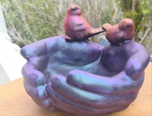 HAND PAINTED CEMENT HAND BIRD FEEDER