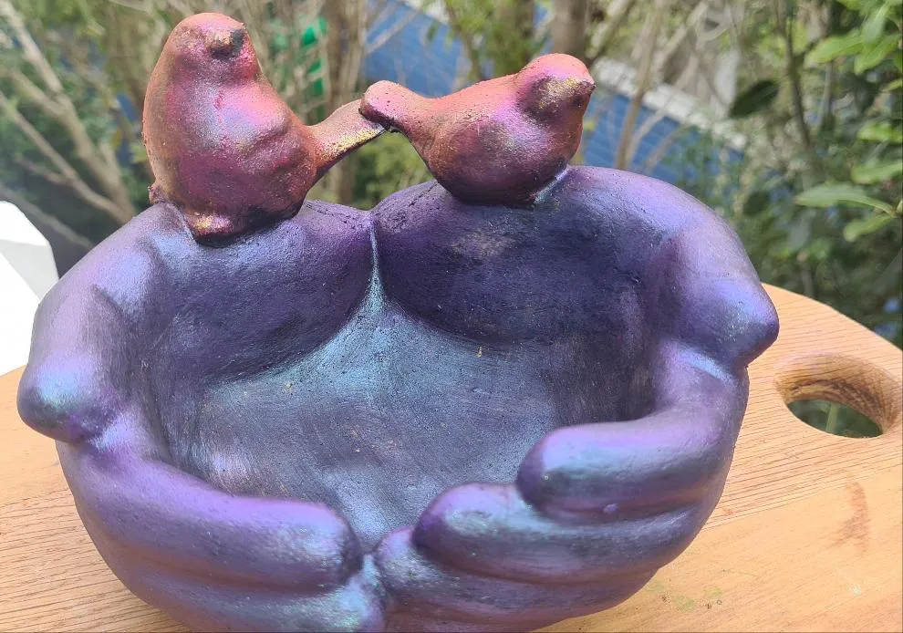 HAND PAINTED CEMENT HAND BIRD FEEDER