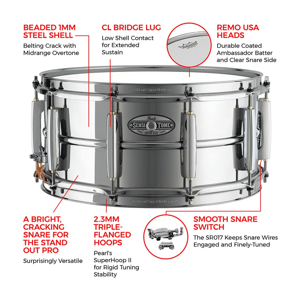Pearl 14"x6.5" Sensitone Heritage Alloy Snare Drum - Steel