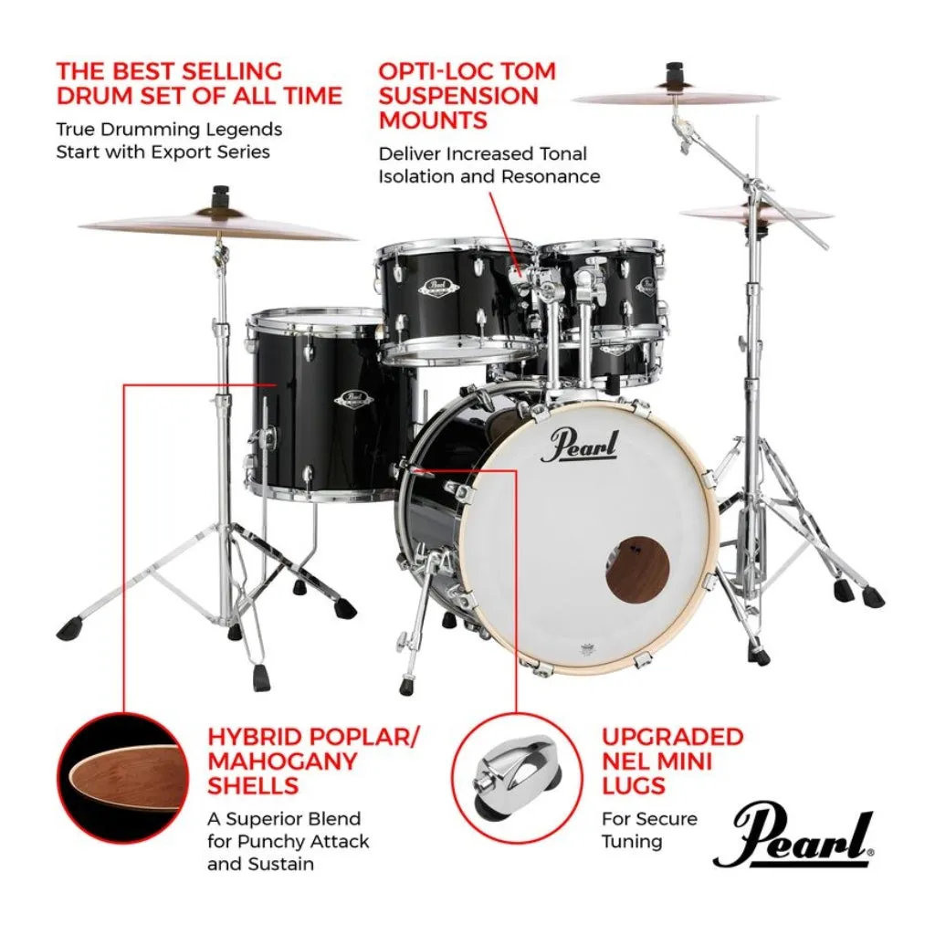 Pearl Export 20" EXX  Fusion Drum Kit Package with Zildjian Cymbals & Hardware - Jet Black