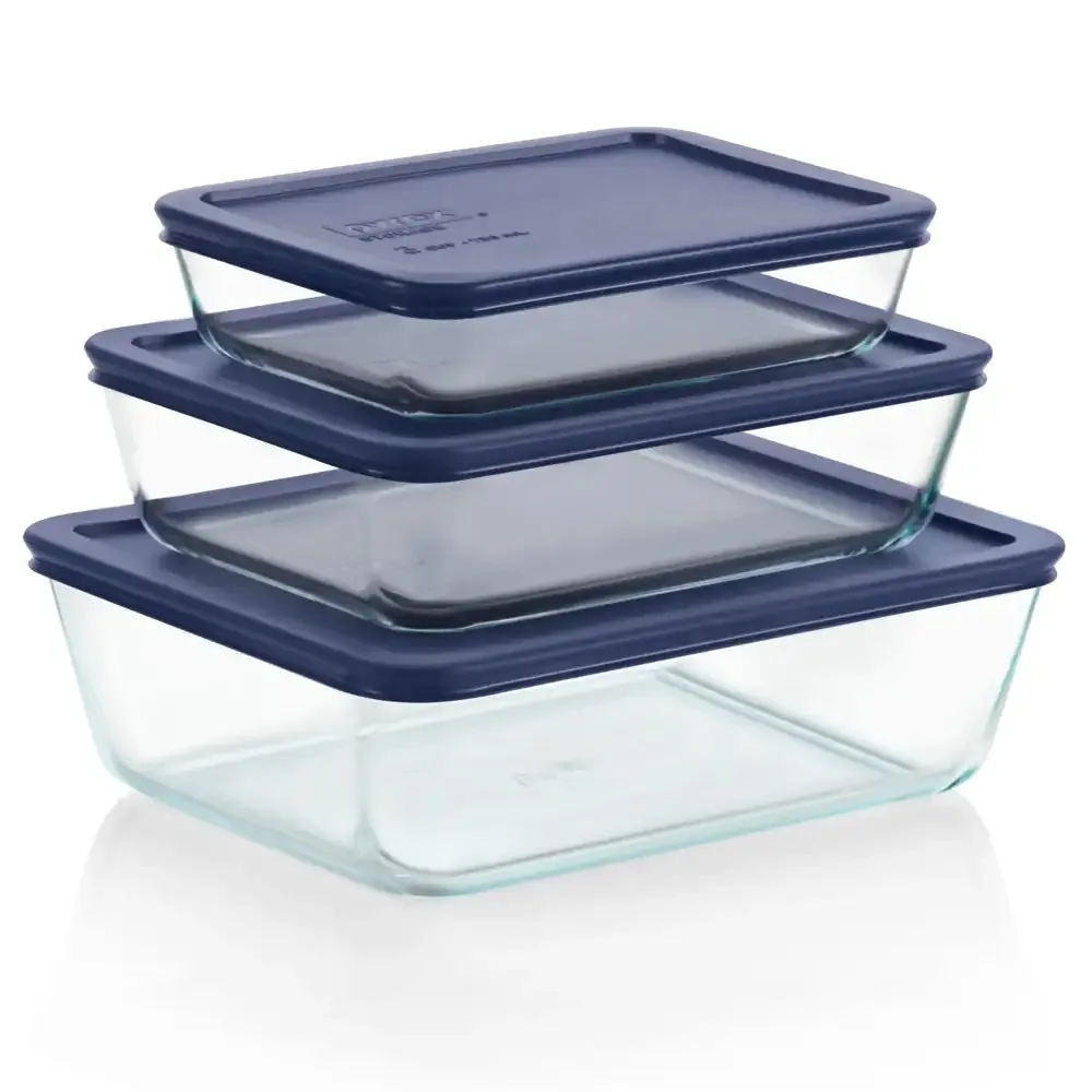 Pyrex Glass Container Rectangle with Blue Lid 6pc