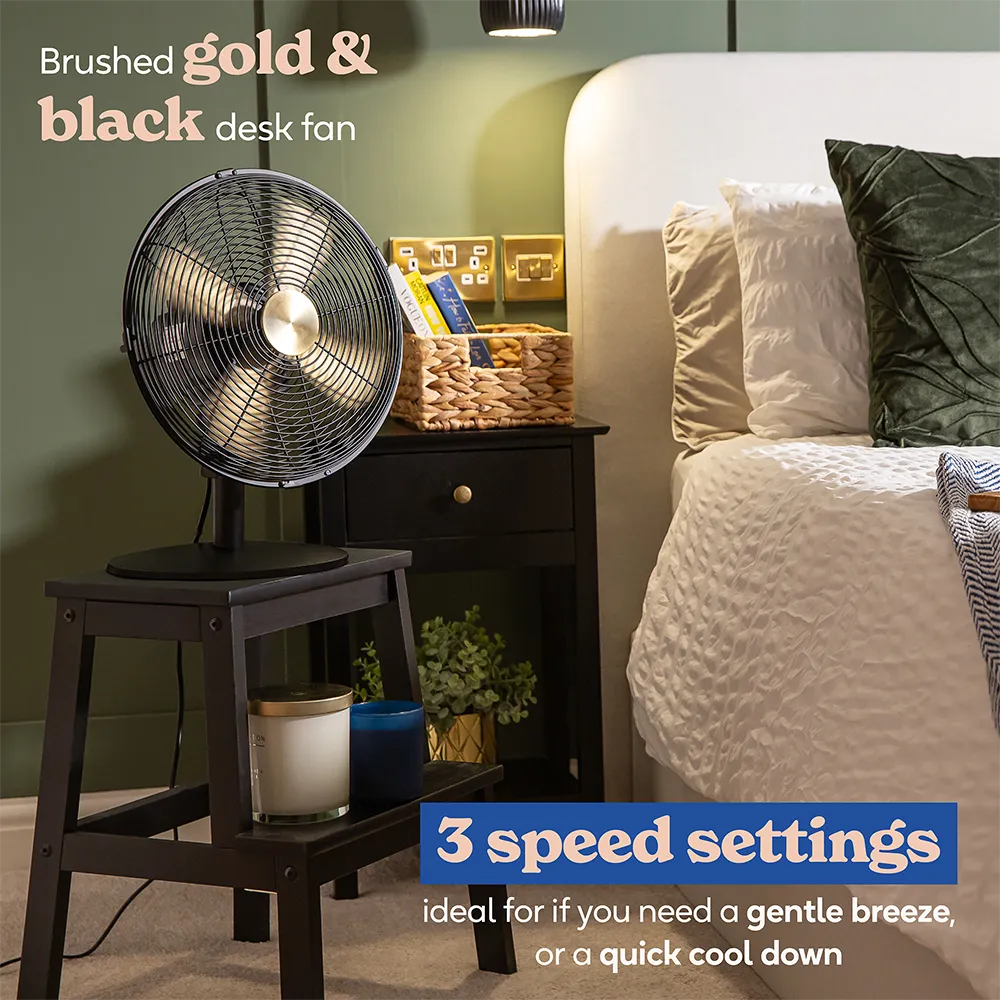 Russell Hobbs RHMDF1201BG 12” Metal Desk Fan in Brushed Gold and Black