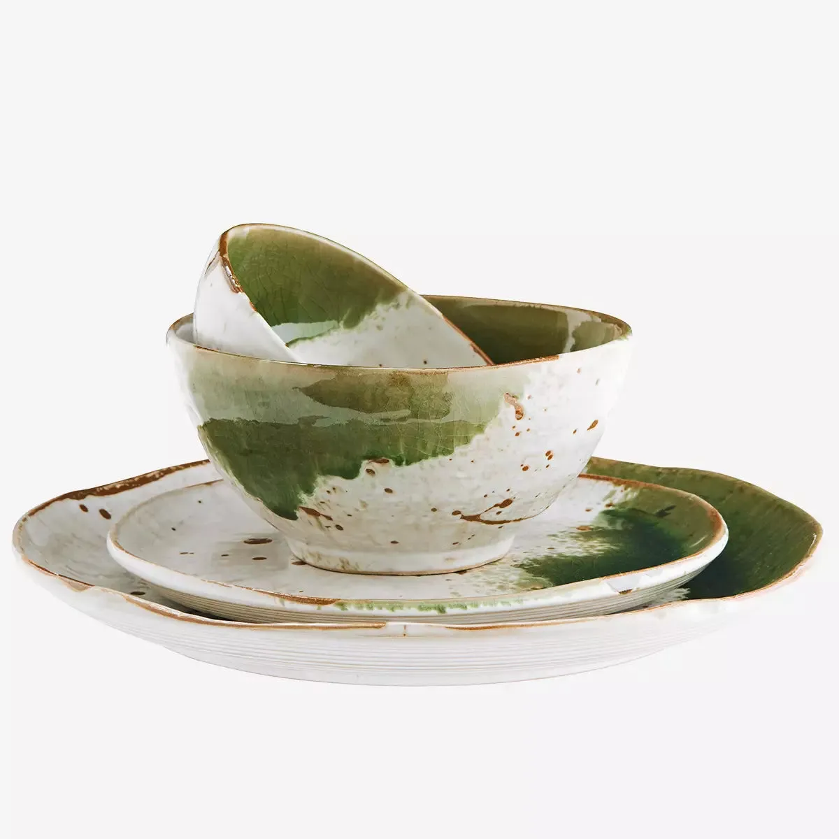 Stoneware Lunch Plate - White, Green & Natural