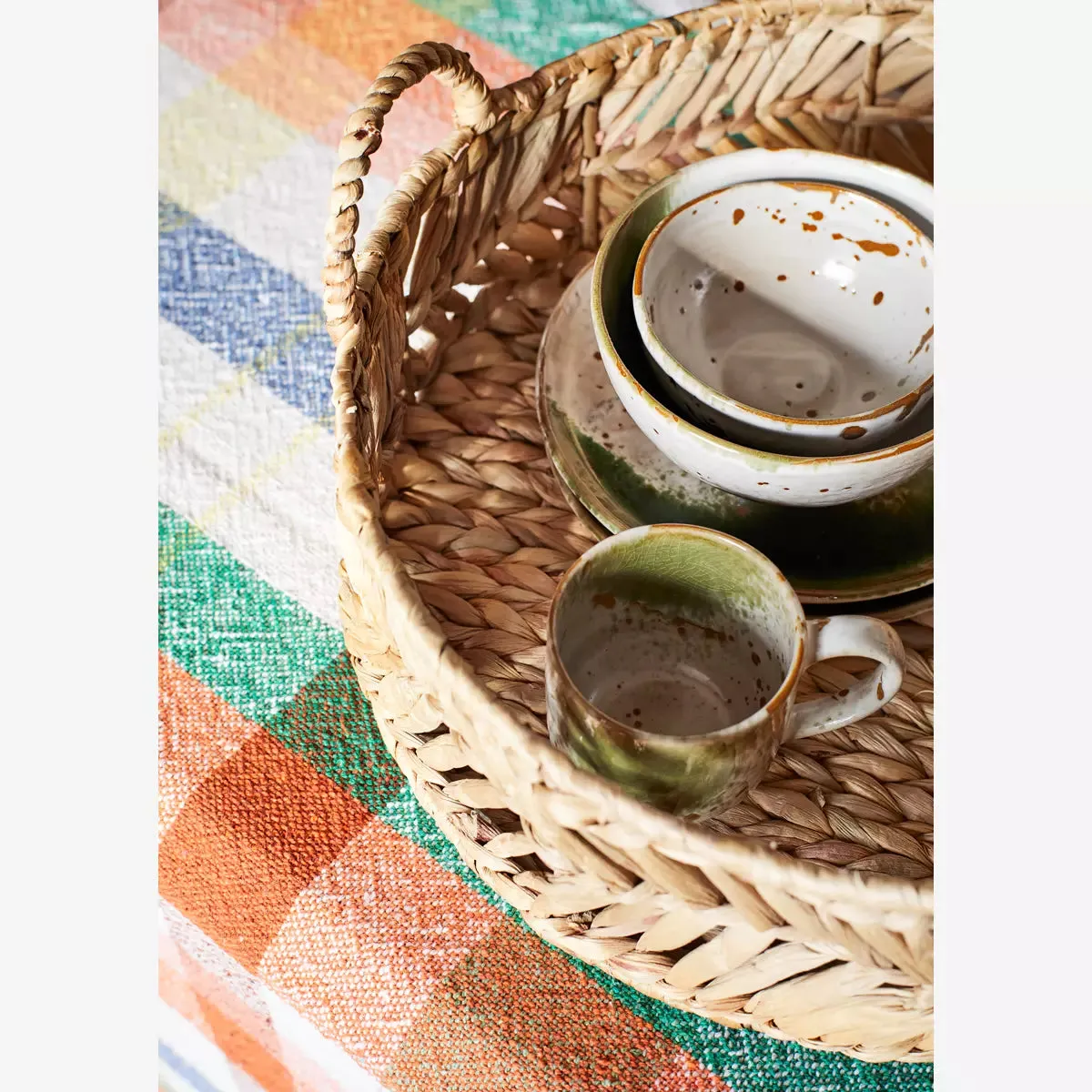 Stoneware Lunch Plate - White, Green & Natural